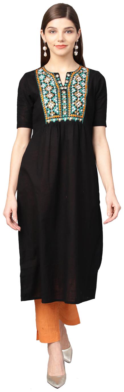 

Jaipur Kurti Women Black Embroidred A-Line Cotton Slub Kurta