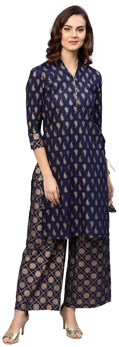 

Jaipur Kurti Women Navy Blue Ethnic Motifs Straight Cotton Kurta with Palazzo