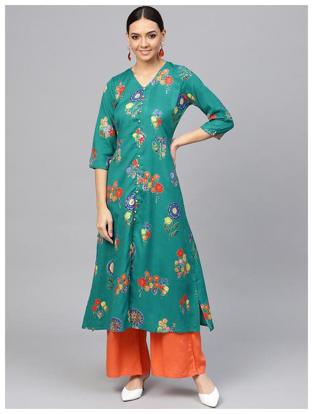 

Jaipur Kurti Rayon Floral Women Green Kurta