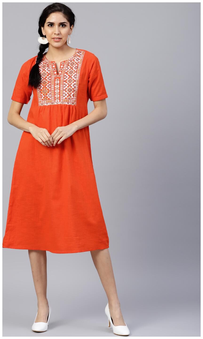 

Jaipur Kurti Women Orange Embroidered A-Line Cotton Slub Kurti Dress