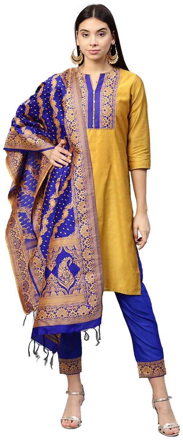 

Jaipur Kurti Women Yellow Royal Blue Solid Straight Chanderi Kurta with Pant Dupatta