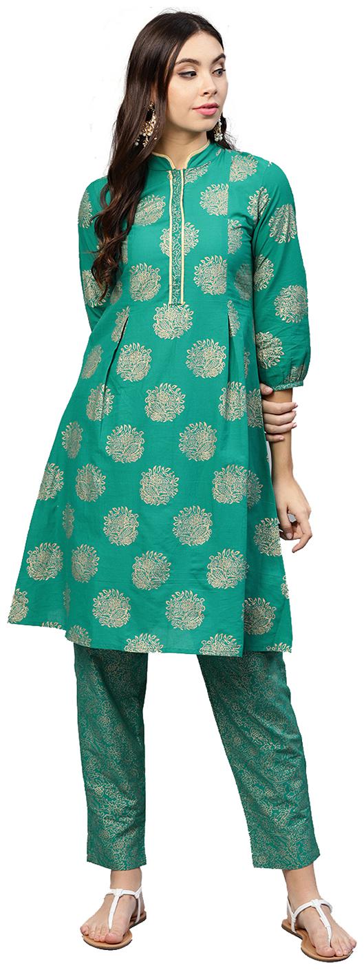 

Jaipur Kurti Women Sea Green Ethnic Motifs A-Line Cotton Kurta with Palazzo