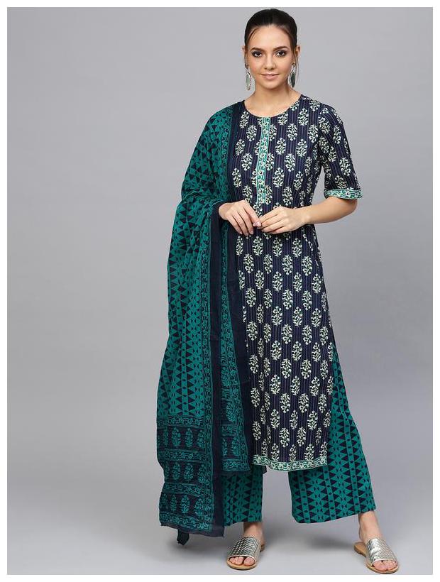 

Jaipur Kurti Women Cotton Ethnic Motifs Suit Set - Navy Blue