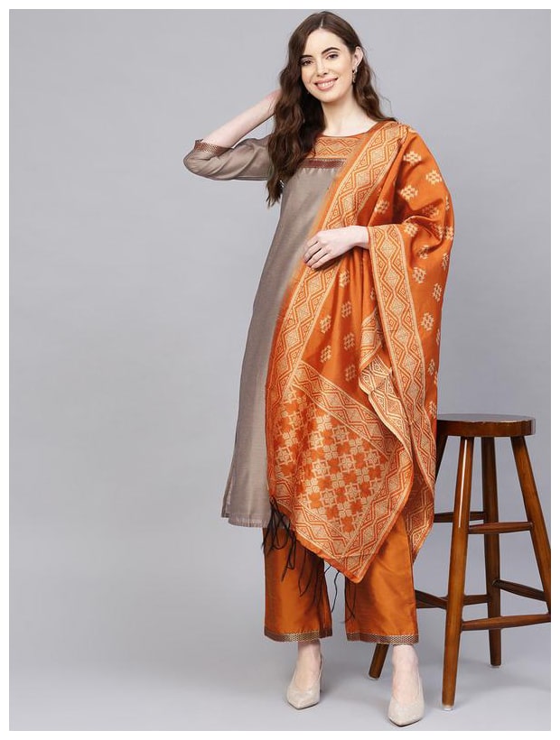 

Jaipur Kurti Women Beige Printed Straight Kurta With Palazzo And Dupatta