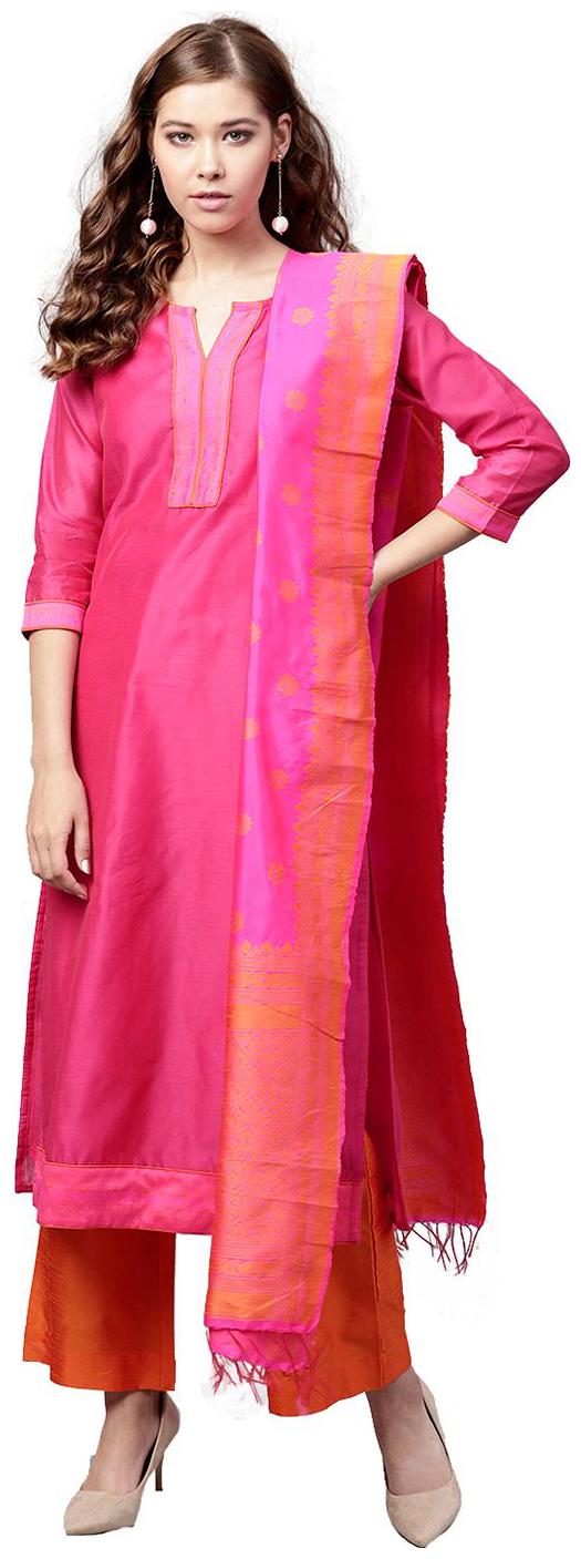

Jaipur Kurti Women Pink Solid Straight Kurta With Palazzo And Dupatta