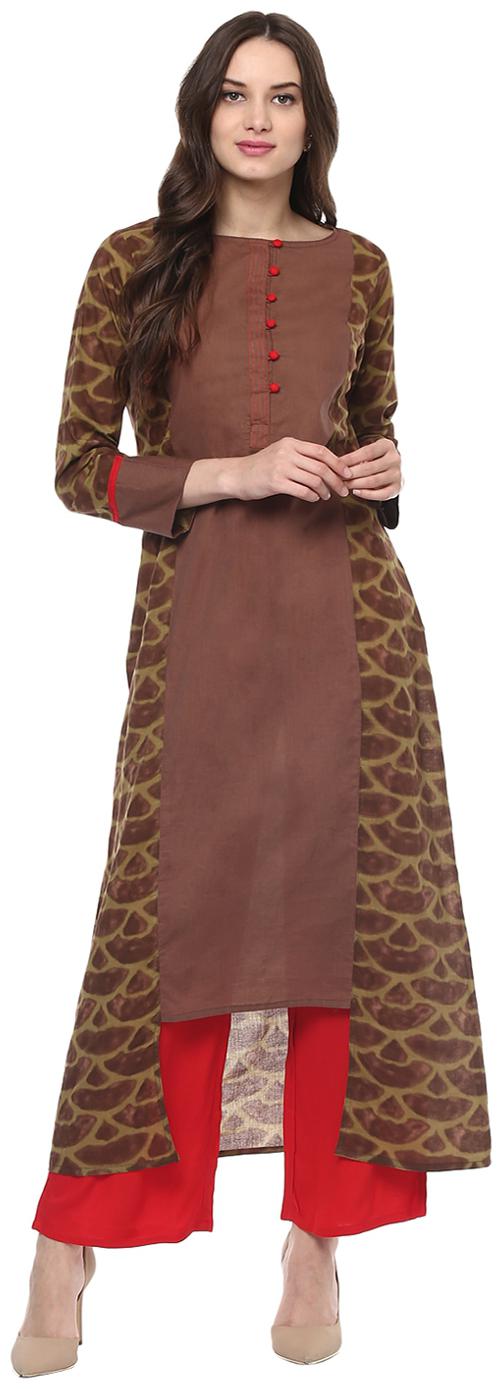 

Jaipur Kurti Printed Brown Cotton Kurta Palazzo Set