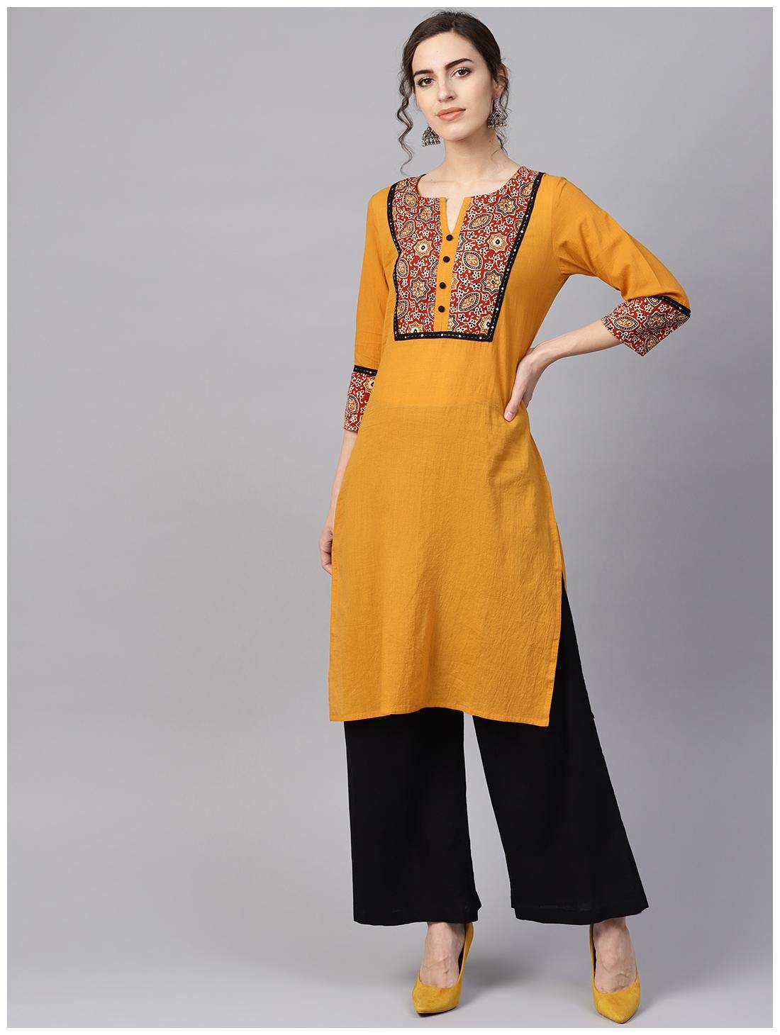 

Jaipur Kurti Women Mustard Ethnic Motifs Straight Kurta