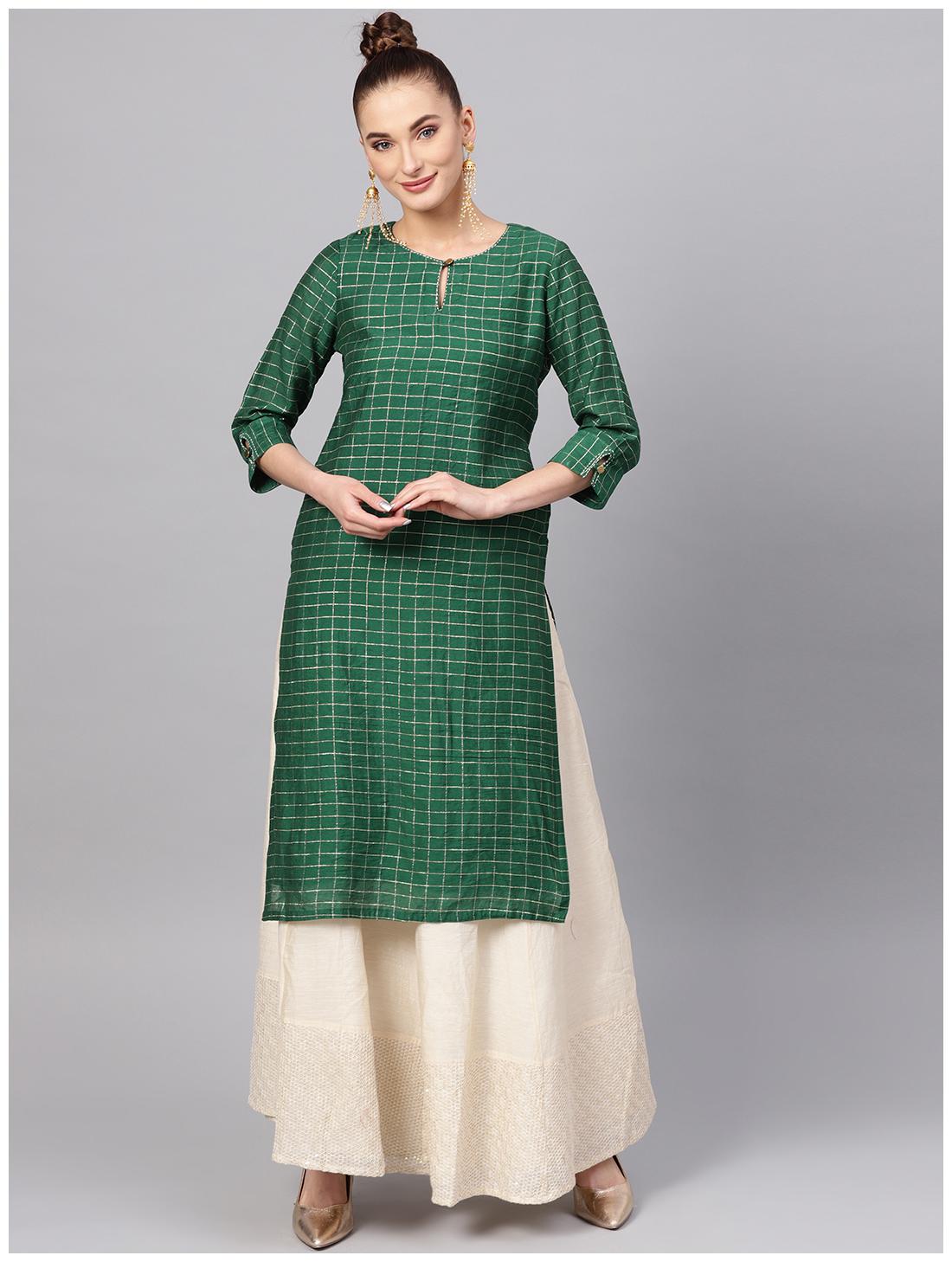 

Jaipur Kurti Women Green Checkered Straight Kurta