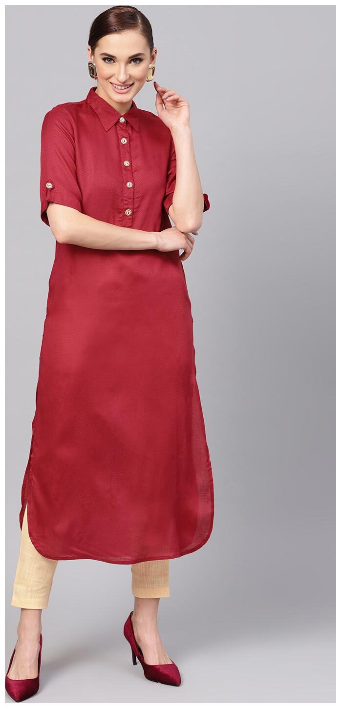 

Jaipur Kurti Women Maroon Solid Straight Kurta With Pants
