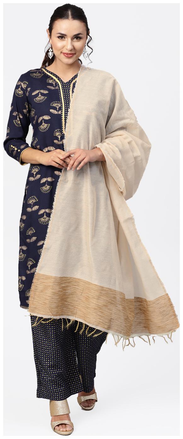 

Jaipur Kurti Women Blue Printed Straight Kurta With Palazzo And Dupatta