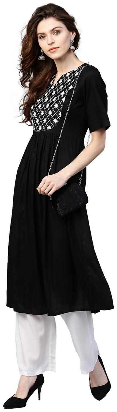 

Jaipur Kurti Women Black White Solid Straight Rayon Kurta With Palazzo