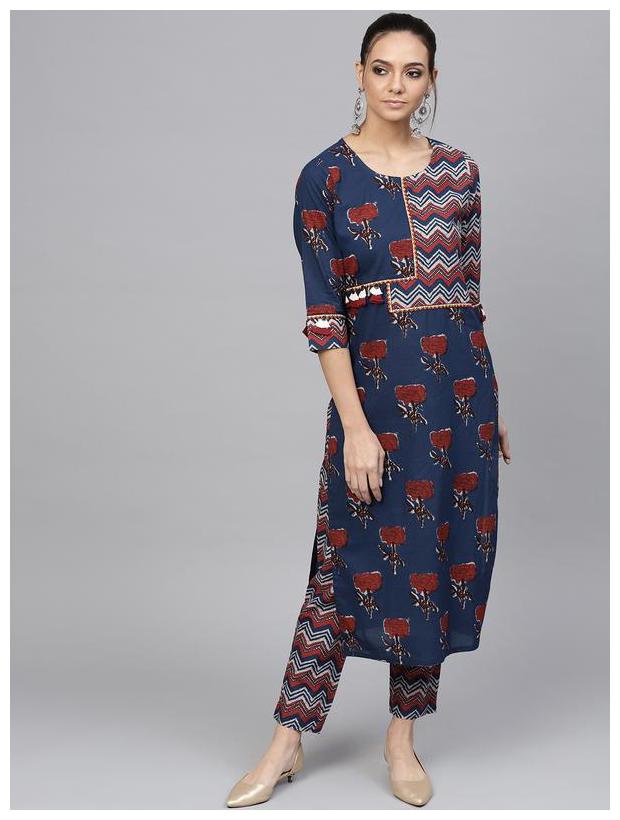 

Jaipur Kurti Women Blue Floral Straight Kurta With Pants And Dupatta