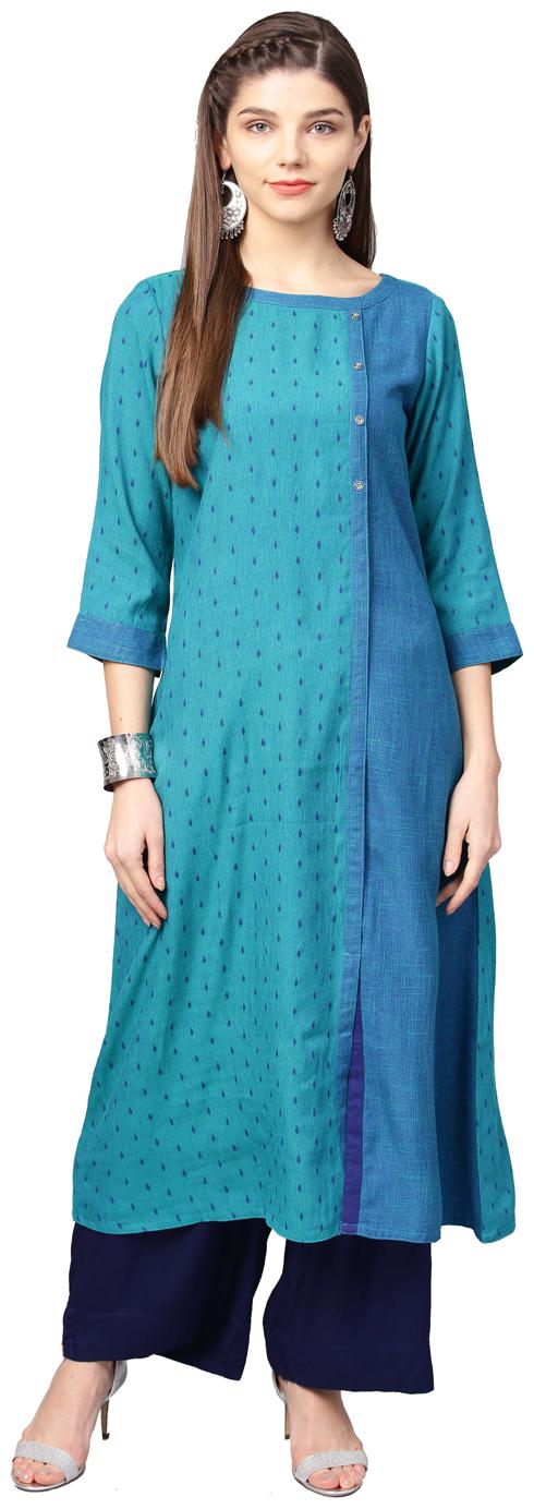 

Jaipur Kurti Women Teal Geometric A-Line Rayon Dobby Kurta