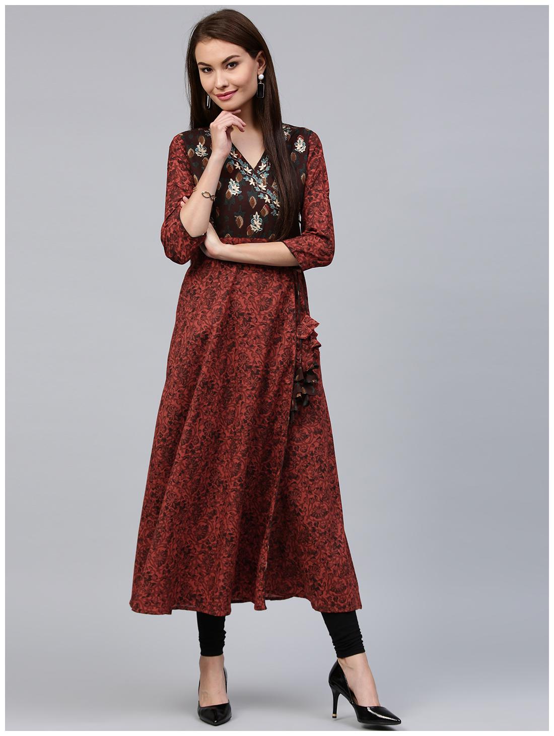 

Jaipur Kurti Women Maroon Floral Angrakha Kurta