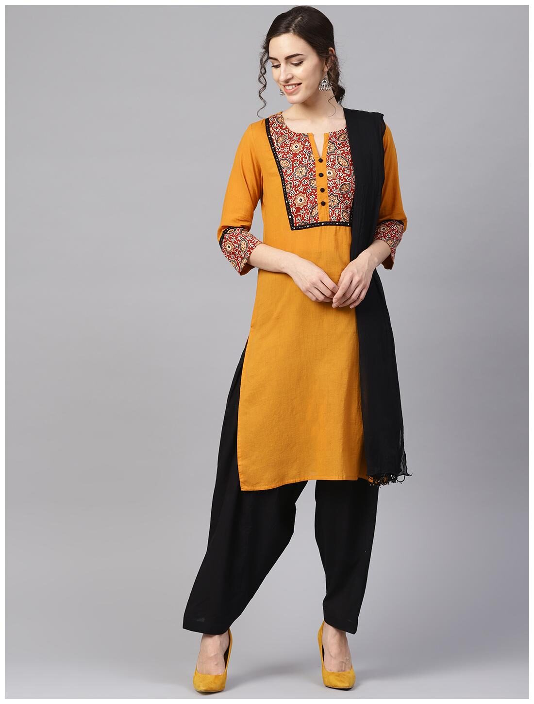 

Jaipur Kurti Women Mustard Black Ethnic Motifs Straight Kurta With Salwar And Dupatta