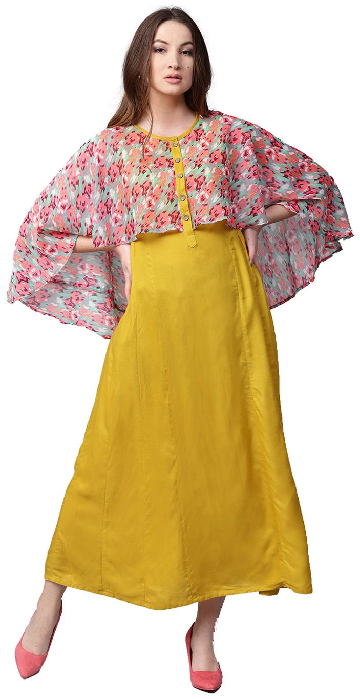 

Jaipur Kurti Women Mustard Yellow Printed Maxi Rayon Chiffon Kurti Dress