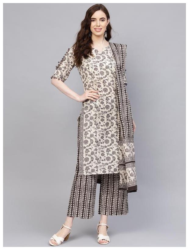 

Jaipur Kurti Women Grey Floral Straight Kurta With Palazzo And Dupatta
