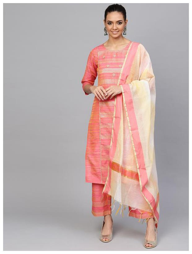 

Jaipur Kurti Women Cotton Striped Suit Set - Pink