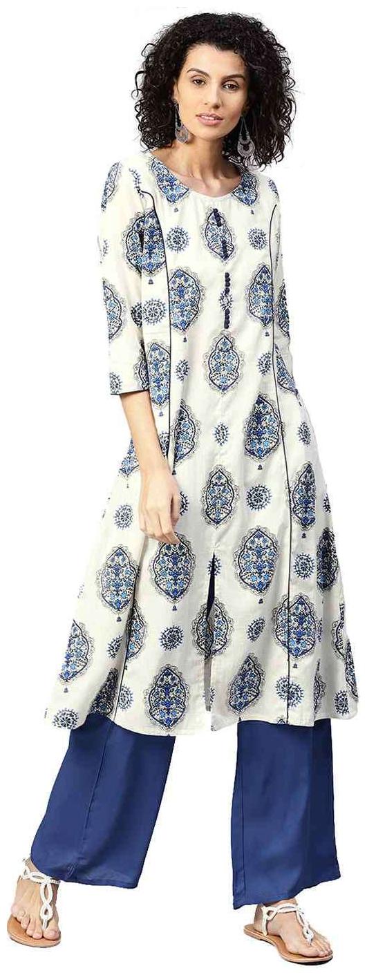 

Jaipur Kurti Women White Blue Ethnic Motifs Straight Cotton Flex Kurta with Palazzo