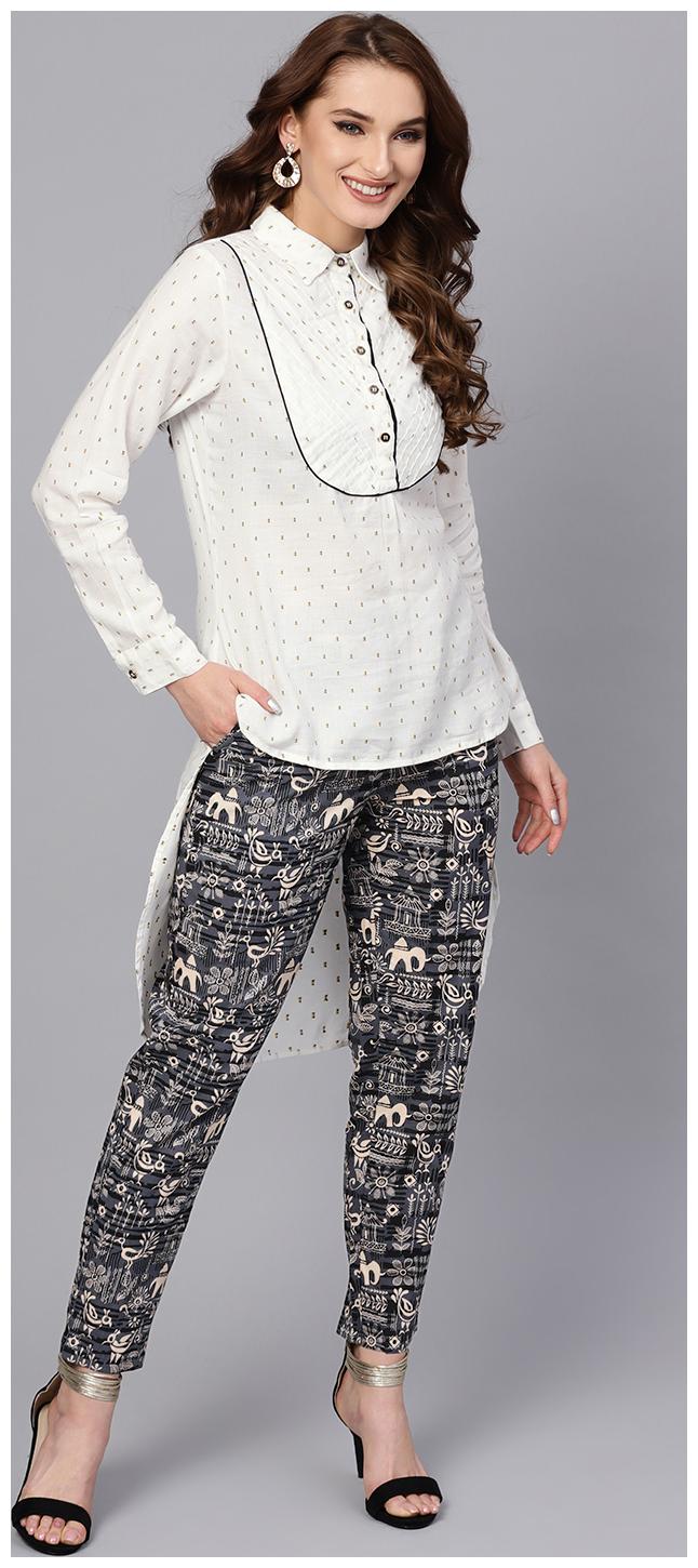 

Jaipur Kurti Women White Grey Geometric Straight Rayon Dobby Top with Pant