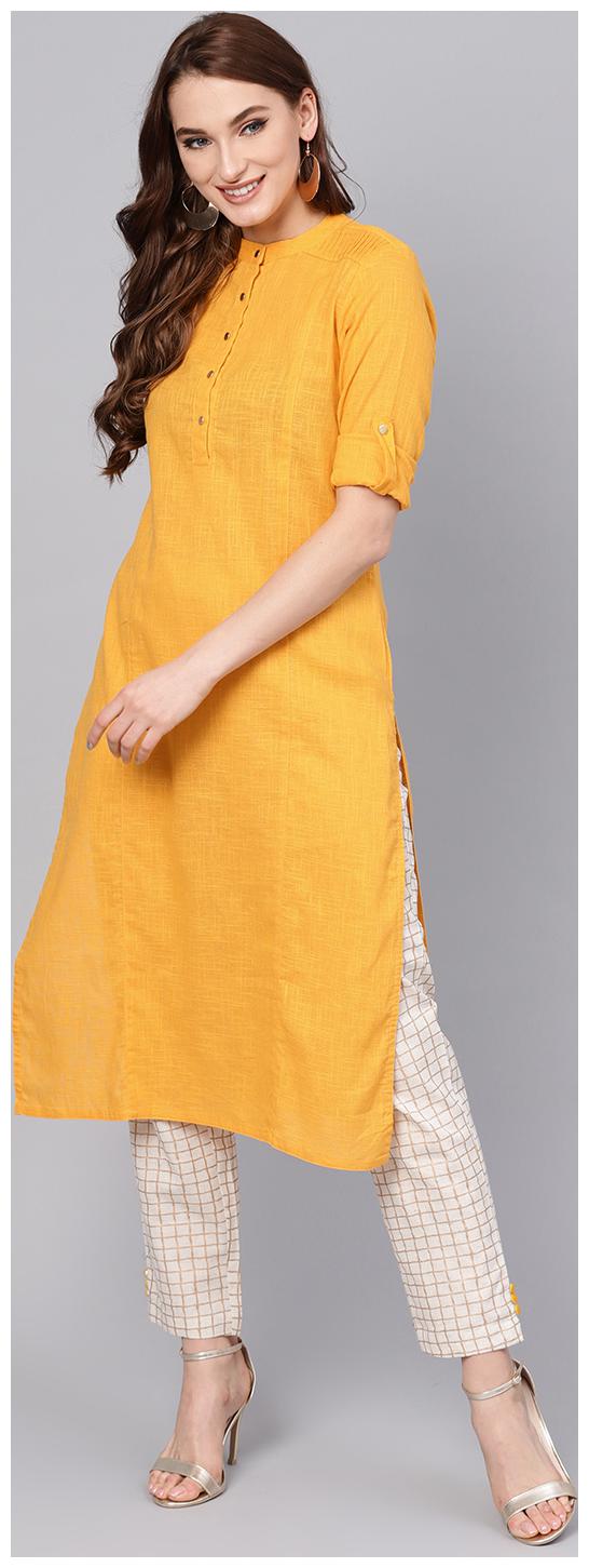

Jaipur Kurti Women Yellow Off White Solid Straight Kurta With Pants