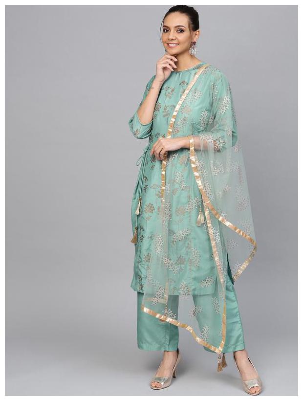 

Jaipur Kurti Women Silk Ethnic Motifs Suit Set - Turquoise