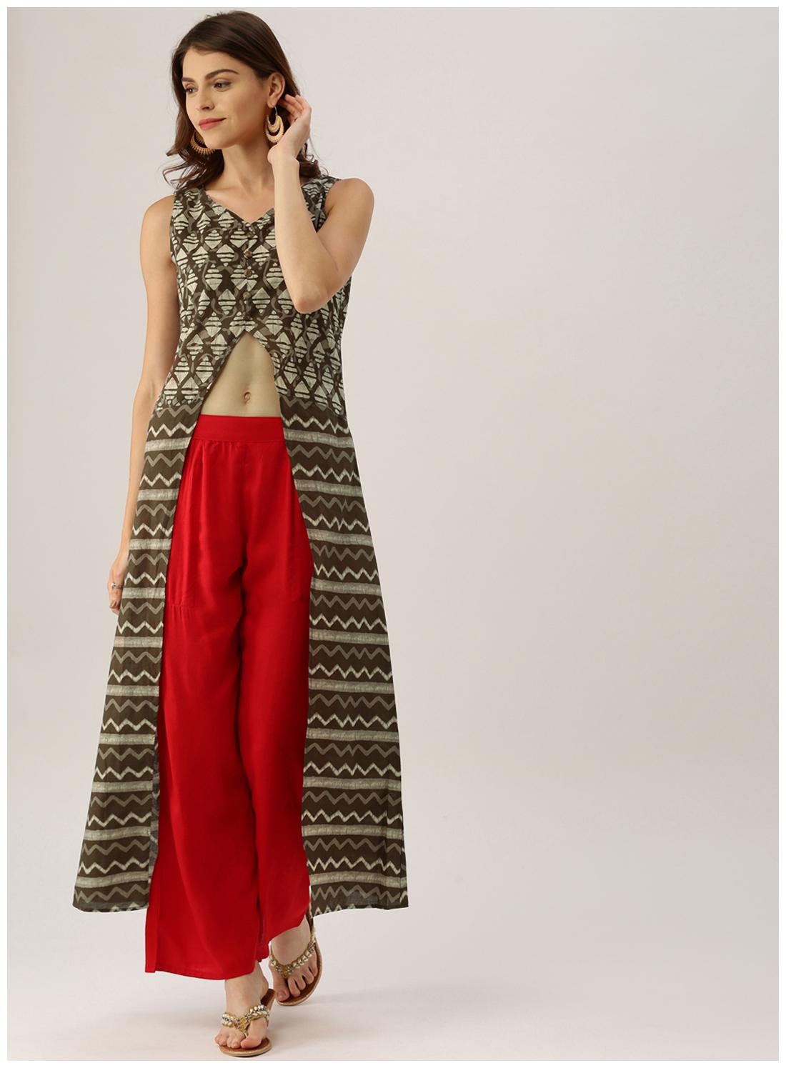 

Jaipur Kurti Women Olive Green Printed Kurta with Red Palazzo