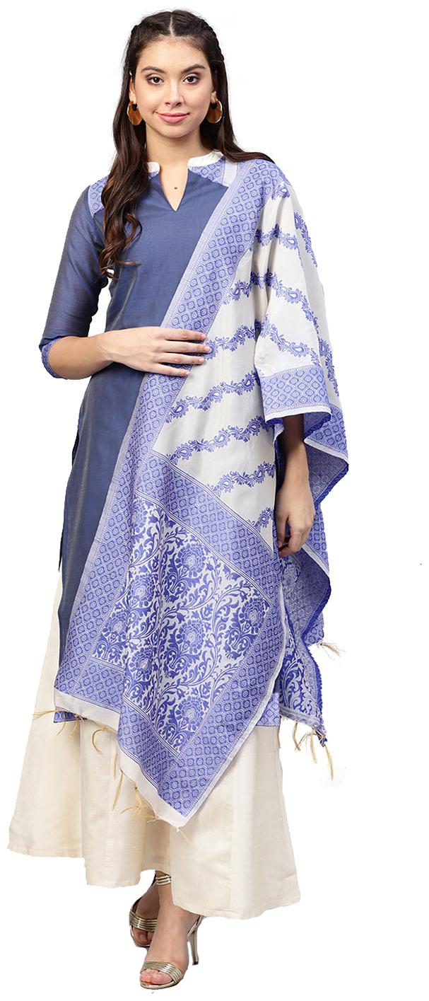 

Jaipur Kurti Women Blue Off White Solid Straight Chanderi Kurta with Palazzo Dupatta