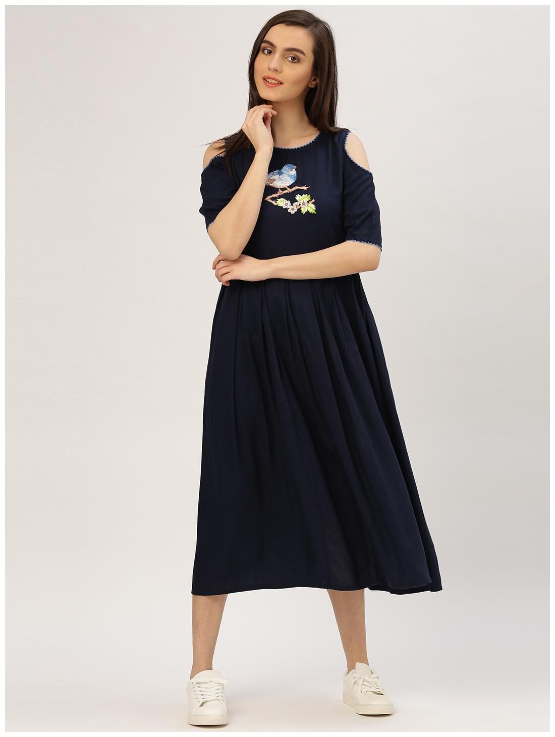 

Jaipur Kurti Women s A-Line Navy Blue Cold Shoulder Embroidered Rayon Kurtis
