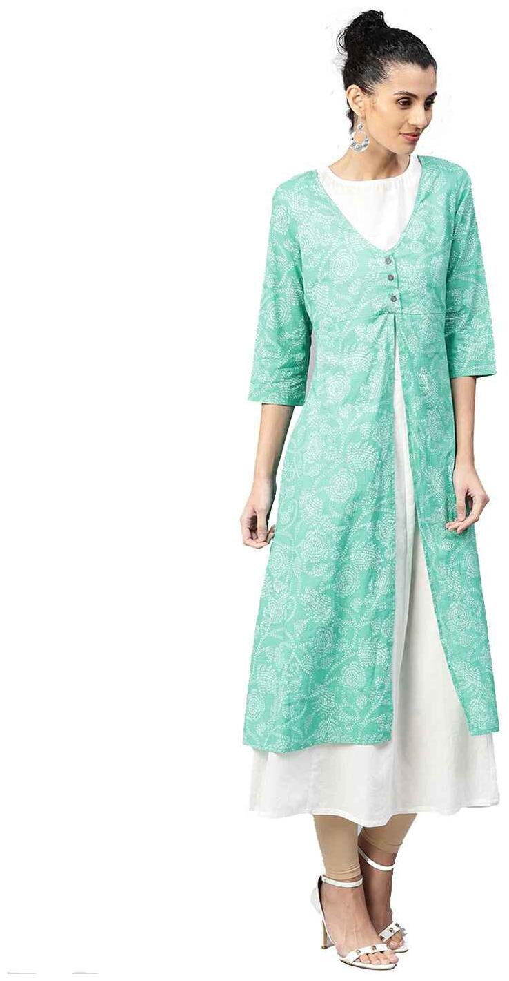

Jaipur Kurti Women Sea Green Floral A-Line Cotton Kurta With White Inner