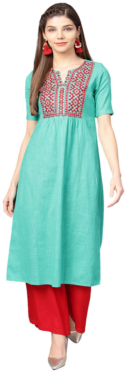 

Jaipur Kurti Women Sea Green Embroidred A-Line Cotton Slub Kurta