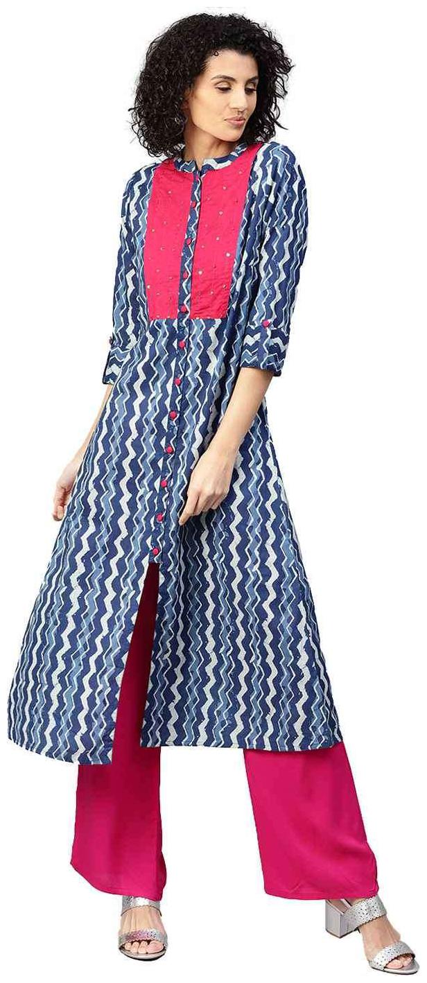 

Jaipur Kurti Women Blue Fuschia Geometric A-Line Cotton Kurta with Palazzo