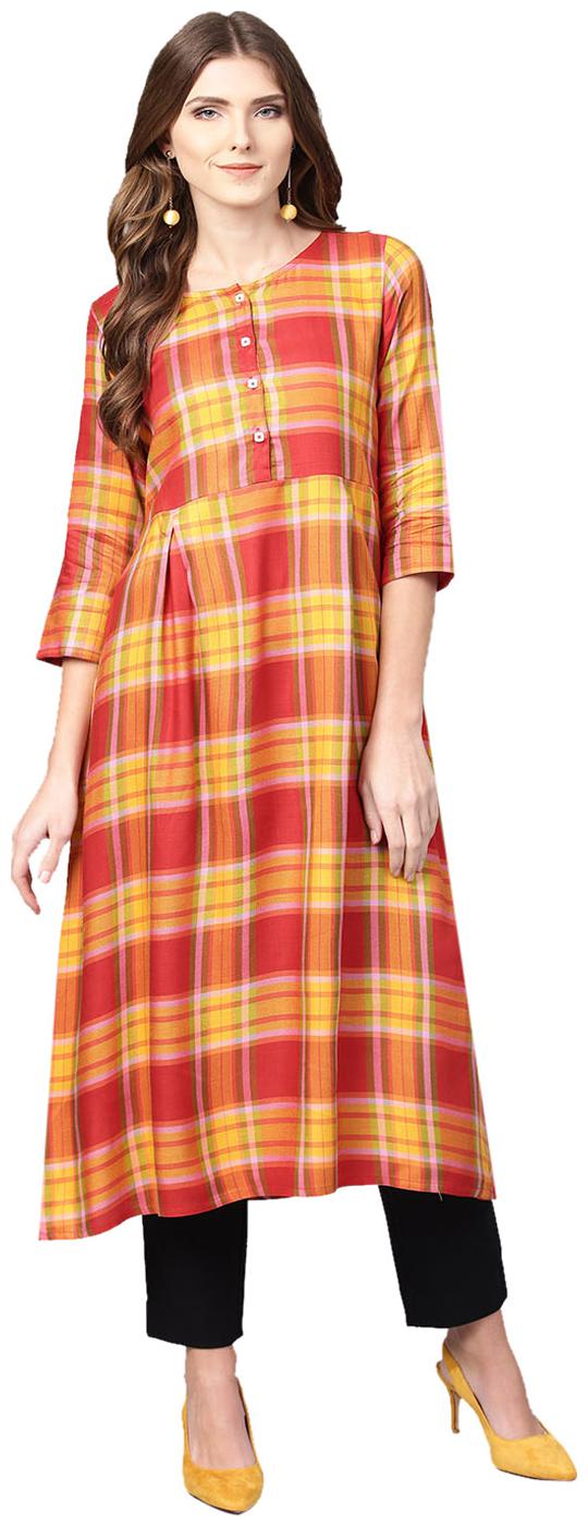 

Jaipur Kurti Women Red Geometric A-Line Yarn Dyed Rayon Kurta
