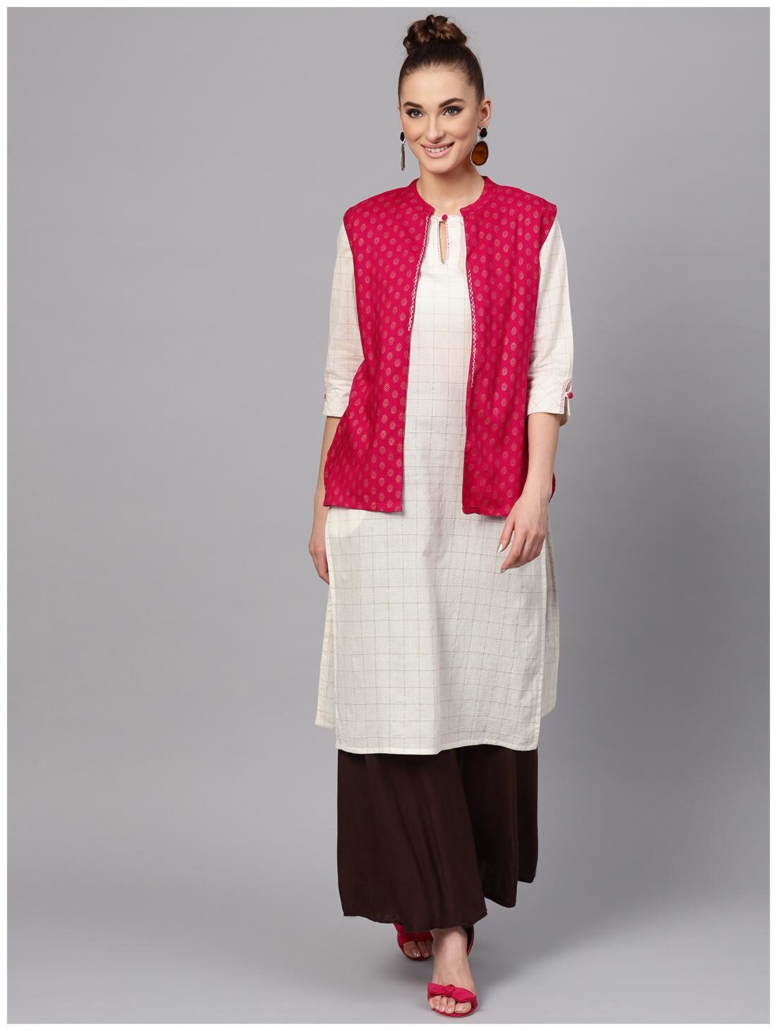 

Jaipur Kurti Women White Checkered Straight Kurta