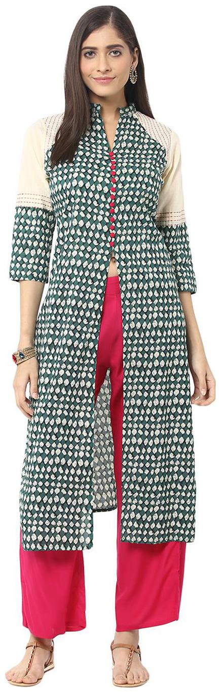 

Jaipur Kurti Green Rani Pink Embroidered Kurta With Palazzo Trousers