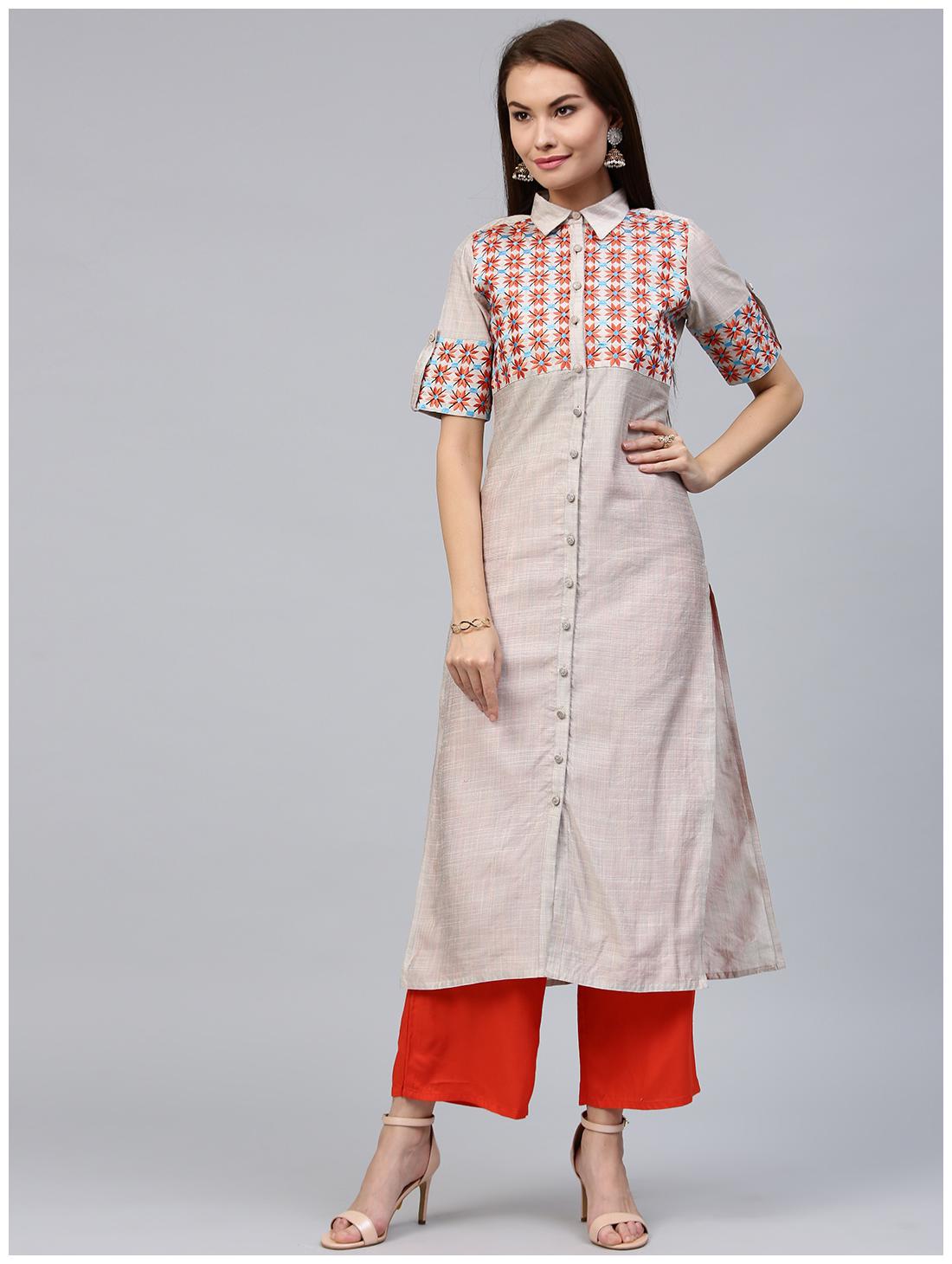 

Jaipur Kurti Women s Cream Cotton Slub Long Kurta with Rani Palazzo