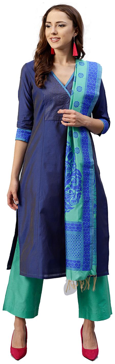 

Jaipur Kurti Women Blue Sea Green Solid Straight Chanderi Kurta with Palazzo Dupatta