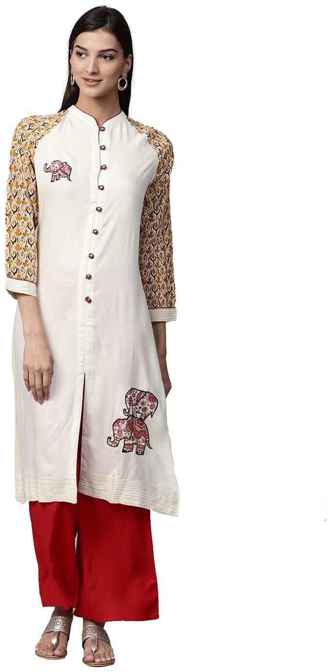 

Jaipur Kurti Women Off-White Red Solid Rayon Kurta with Palazzos