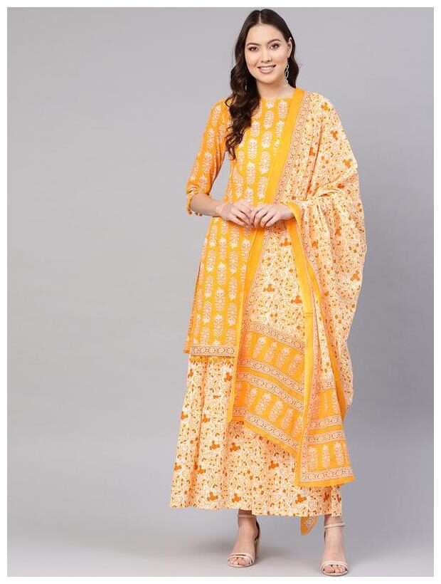 

Jaipur Kurti Women Cotton Printed Suit Set - Yellow