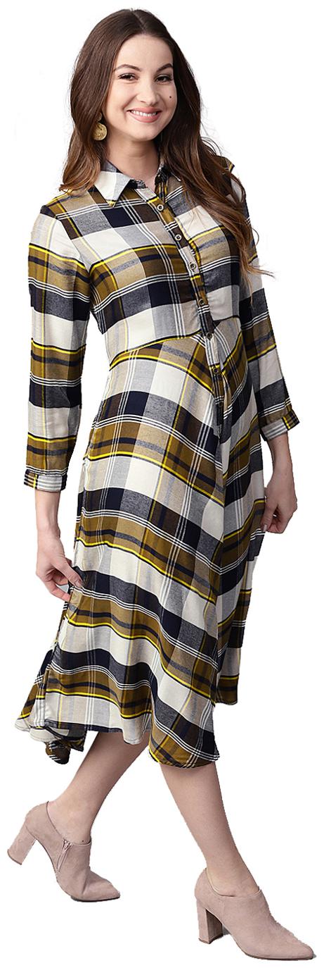 

Jaipur Kurti Women Navy Blue Checked Shirt Rayon Kurti Dress