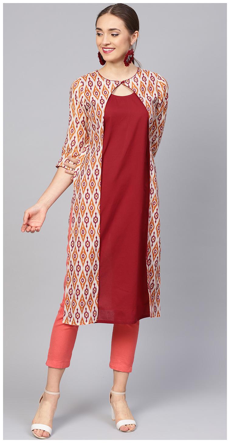 

Jaipur Kurti Women Maroon Printed Straight Kurta