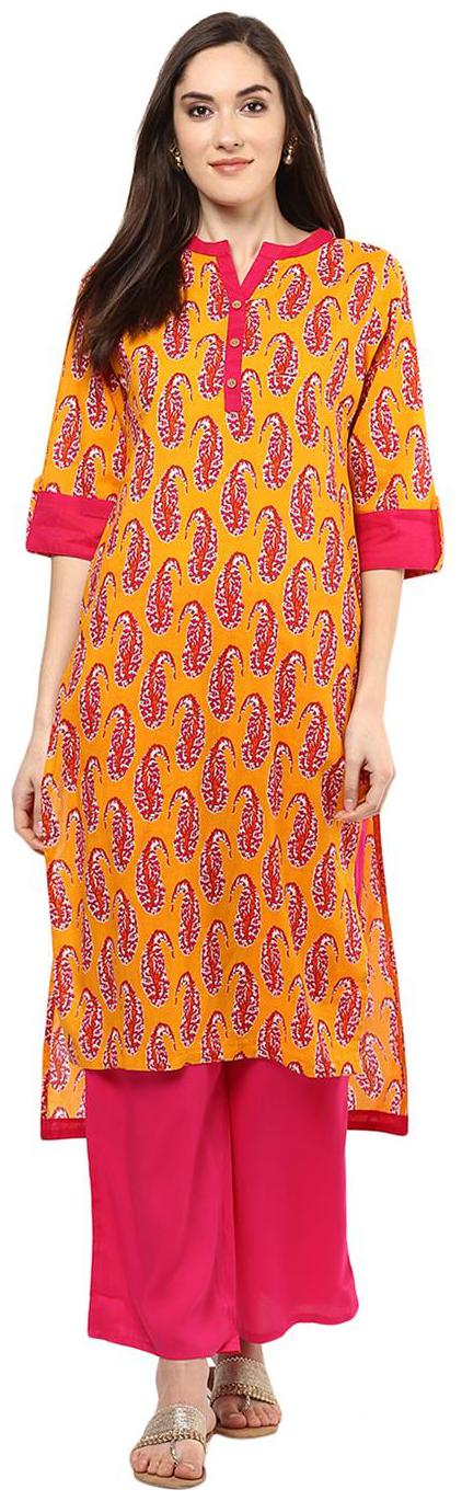 

Jaipur Kurti Yellow Paisley Print Kurta With Rani Palazzo Set