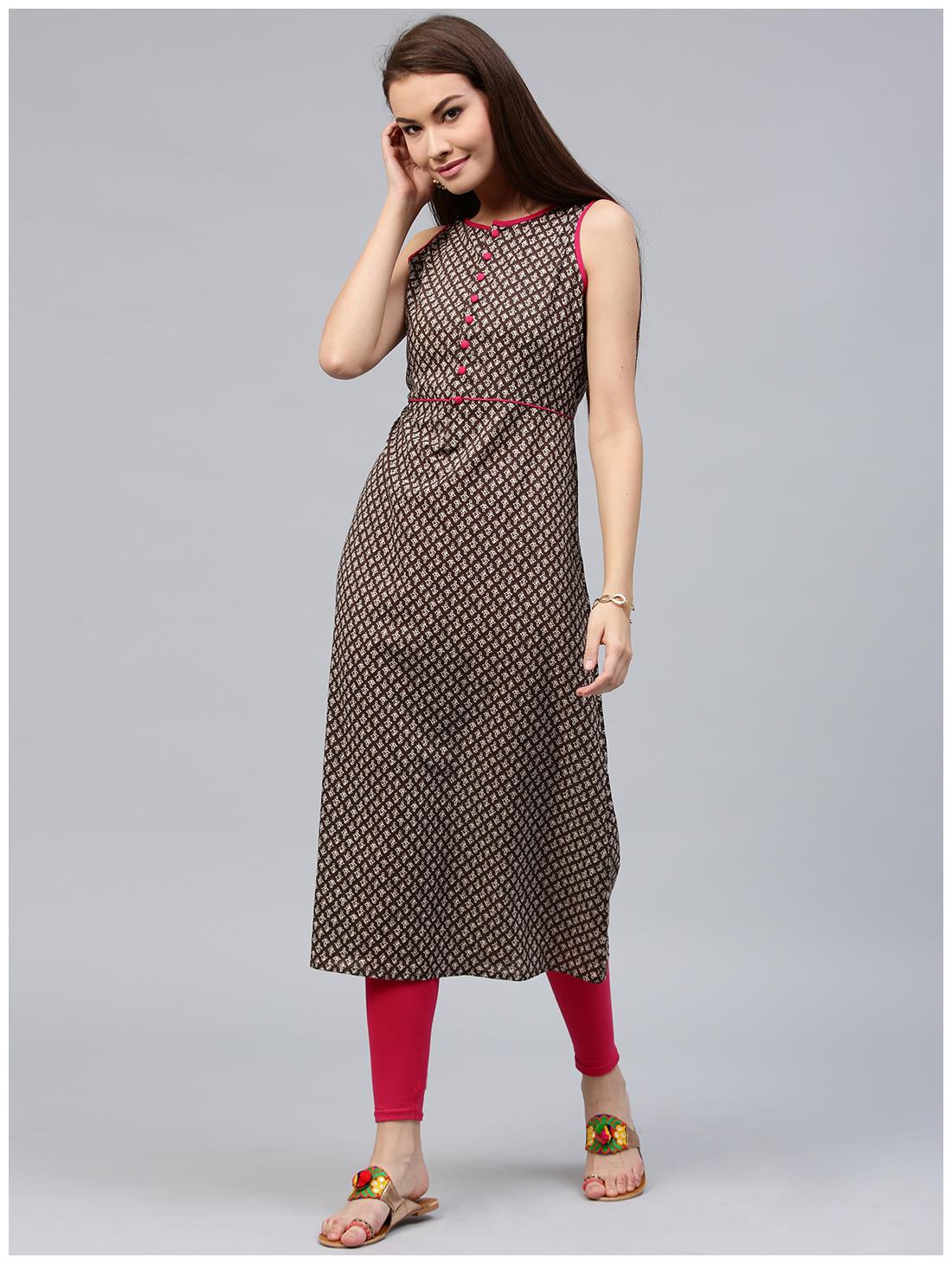 

Jaipur Kurti Women s Brown Cotton A-Line Long Kurta With Front Placket