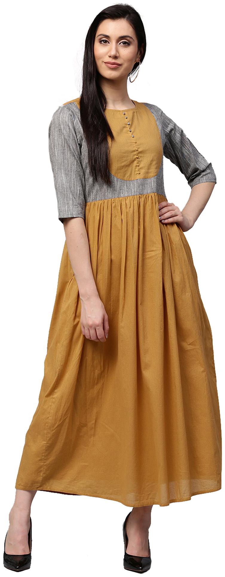 

Jaipur Kurti Women Mustard Self Print Cotton Yarn Dyed Fusion Kurta