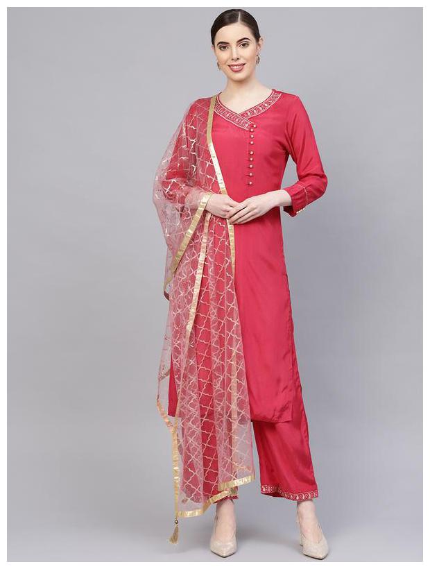 

Jaipur Kurti Women Pink Solid Straight Kurta With Palazzo And Dupatta