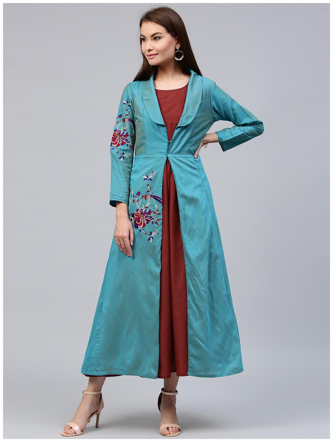 

Jaipur Kurti Women s Blue Maroon Rayon Slub A-line prince cut Long Kurti Dress with Embroidered Shrug with Solid gathered Inner