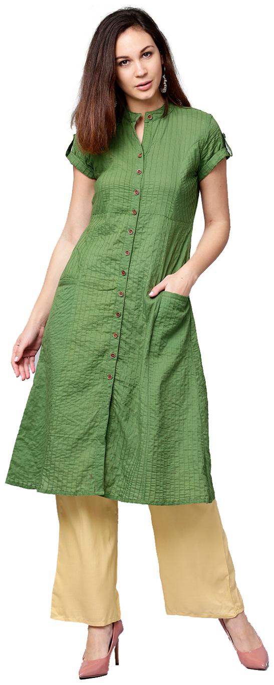 

Jaipur Kurti Women Olive Beige Solid A-Line Cotton Kurta With Palazzo