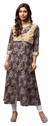 

Jaipur Kurti Women Brown Abstract A-Line Cotton Rayon Kurta With Koti