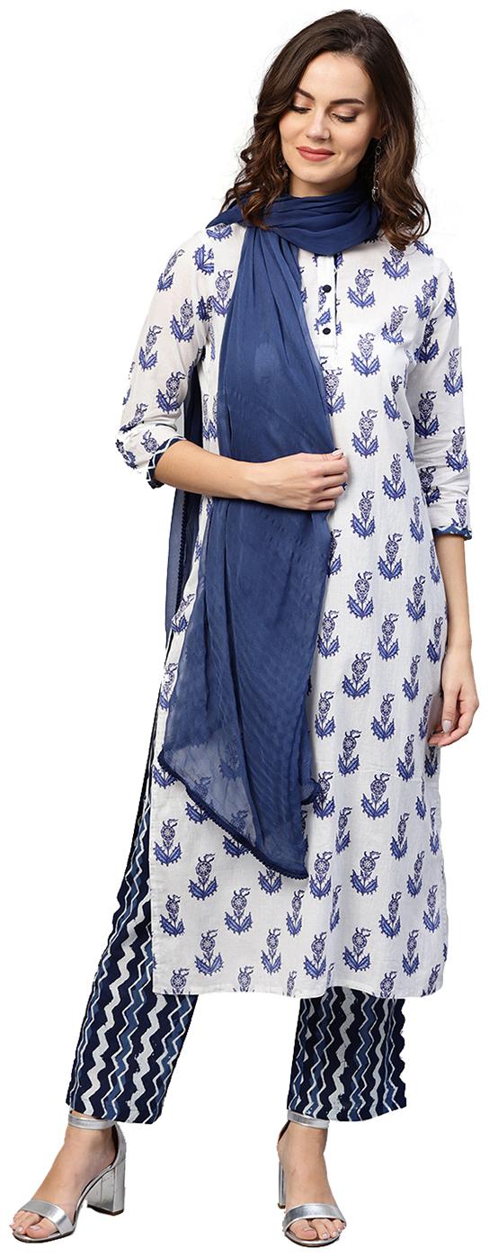 

Jaipur Kurti Women White Blue Floral Zig-Zag Straight Cotton Kurta with Palazzo