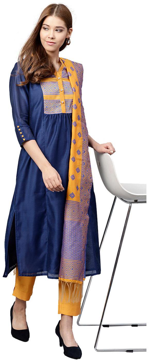 

Jaipur Kurti Women Blue Solid Straight Kurta With Pants And Dupatta